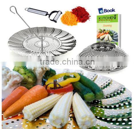 Vegetable Steamer Basket Large - 100% Premium Stainless Steel - Bonus 2 in 1 Julienne Veg Peeler, Use as Fruit Bowl