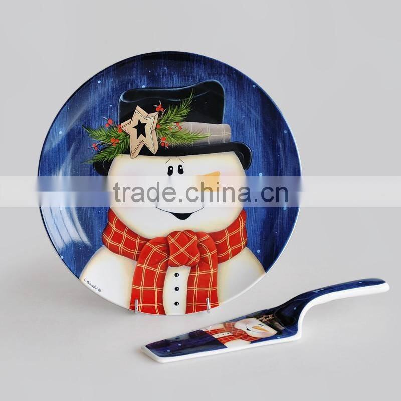 Porcelain Christmas cake plate with server, X'mas design promotional plate