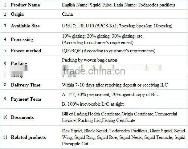IQF/BQF Frozen Squid Tube