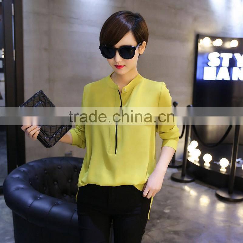 2017 korean design pure color long sleeve ladies tops fashion women chiffon blouse designs