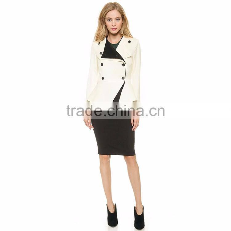 HAODUOYI Women White Color Block Button Front Asymmetrical Blazer