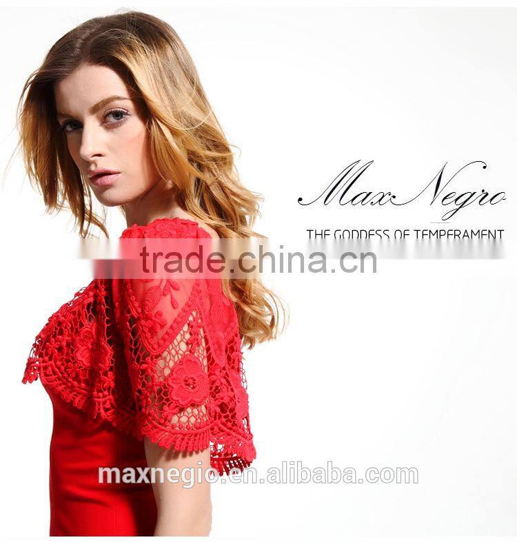 Knee-Length backless embroidery lace sleeve evening dress red short patterns