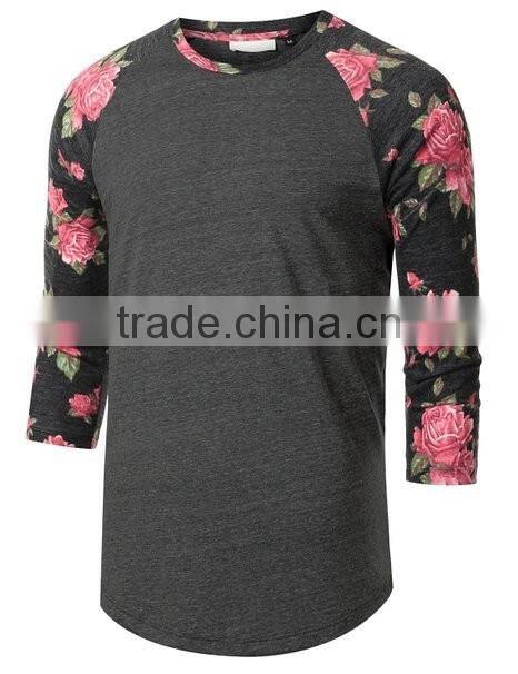 Fashion 3/4 Raglan Sleeve Baseball T Shirt with Floral Printed Sleeves Men's Hipster Hip Hop T Shirt Sublimated Baseball Jersey