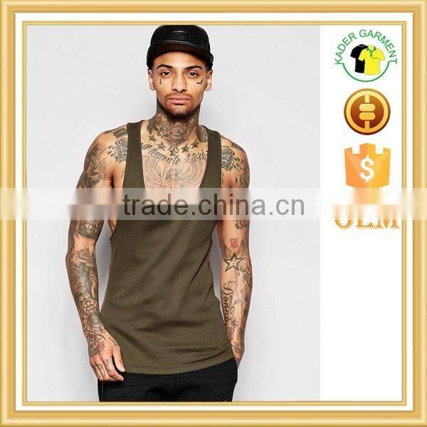 plain khaki singlet 95% cotton 5% elastane gym vest slim fit tank top
