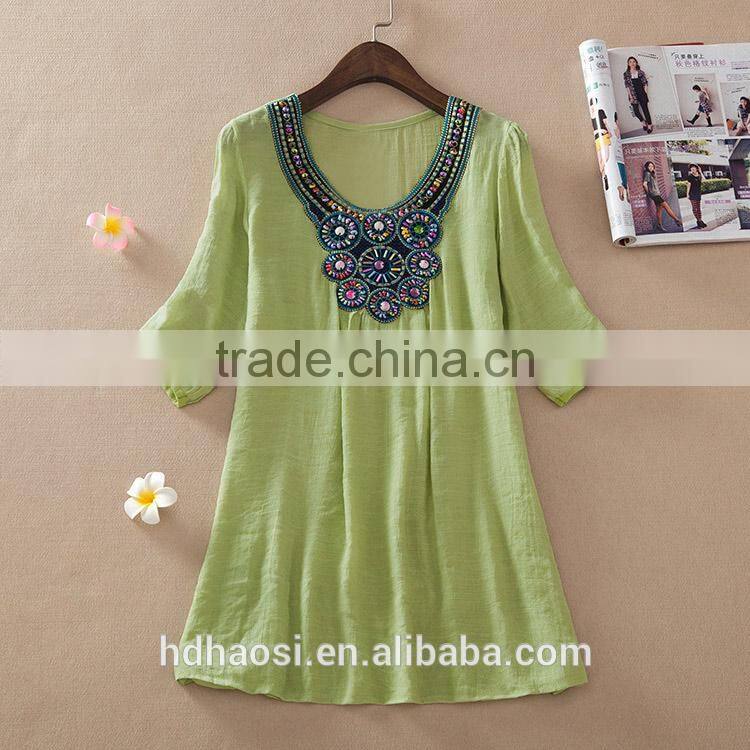 Hotsale O-neck Printed Retro Vintage Bohemian Loose Casual Chiffon shirts Blouse top clothing for women