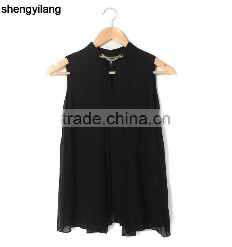 Most fashionable smooth cut women black 100% polyester shirt custom pure color sleeveless shirt in guangzhou