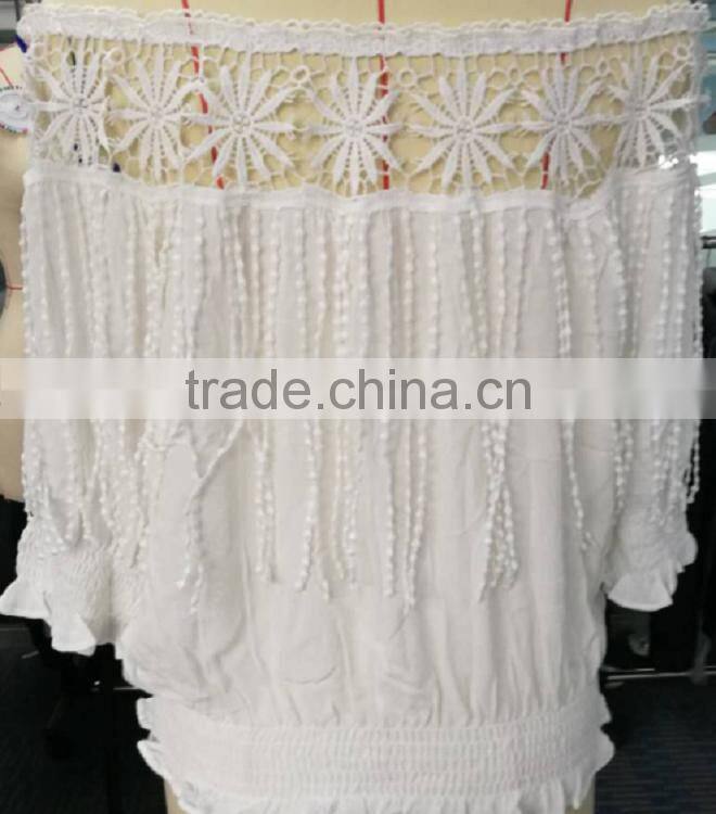 Latest fashion white color latest net designs lace 3/4 sleeve lady blouse for sale