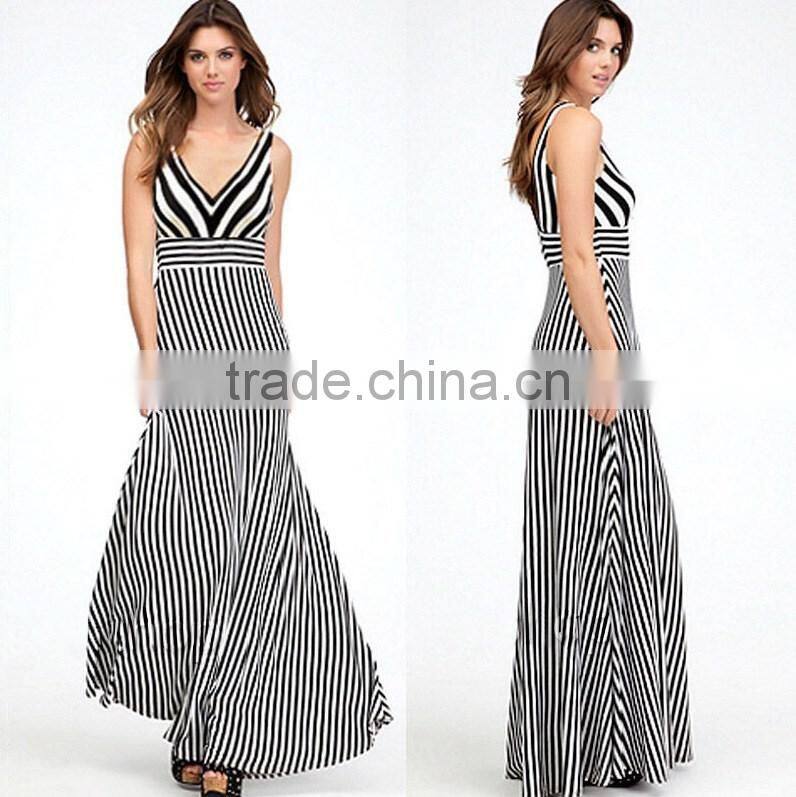 Deep V-Neck sleevless long Dresses elegant style striped Evening Party Summer dresses for wholesale 2016