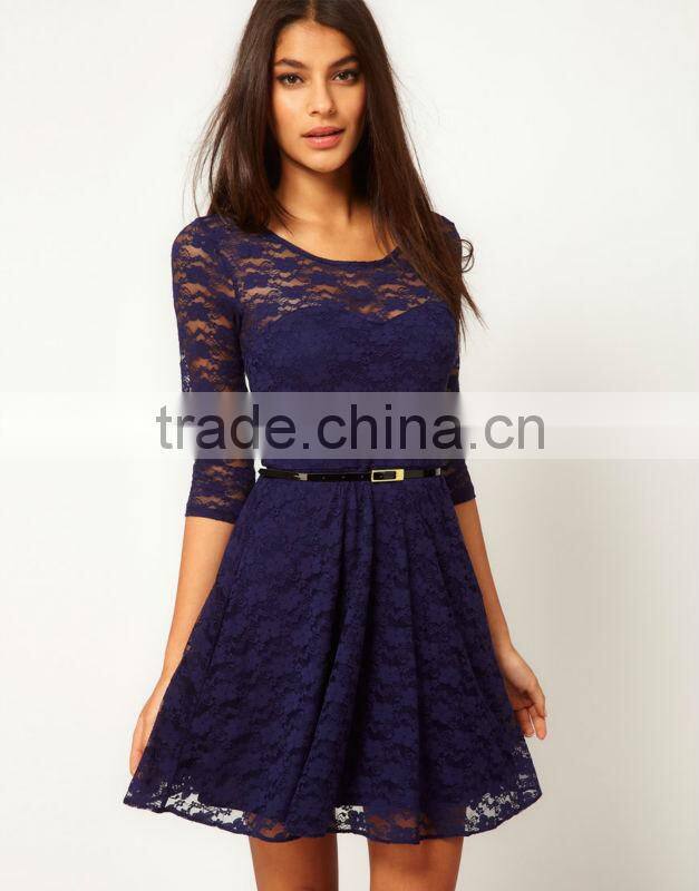 Skater Dress In Lace With 3/4 Sleeve