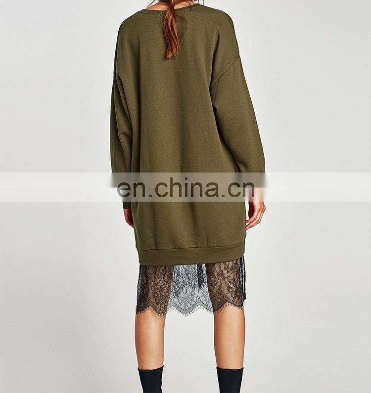 custom brand fashion women clothing O neck lace hem hoodies oversized sweatshirt dress