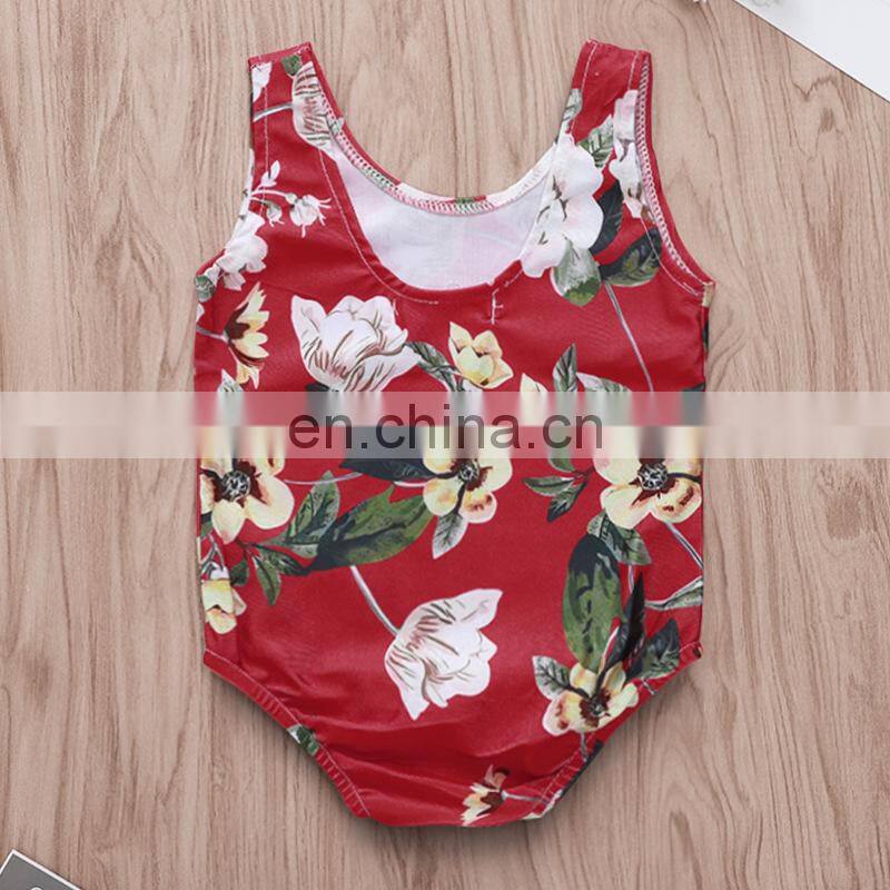 2019 summer new red flower print kids cloud ruffle swimwear off shoulder one piece baby girl swimsuit
