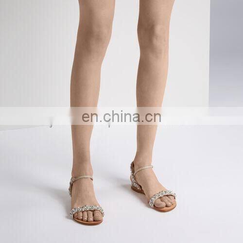 Ladies flat shoes ankle strap golden color rhinestones design women sandals