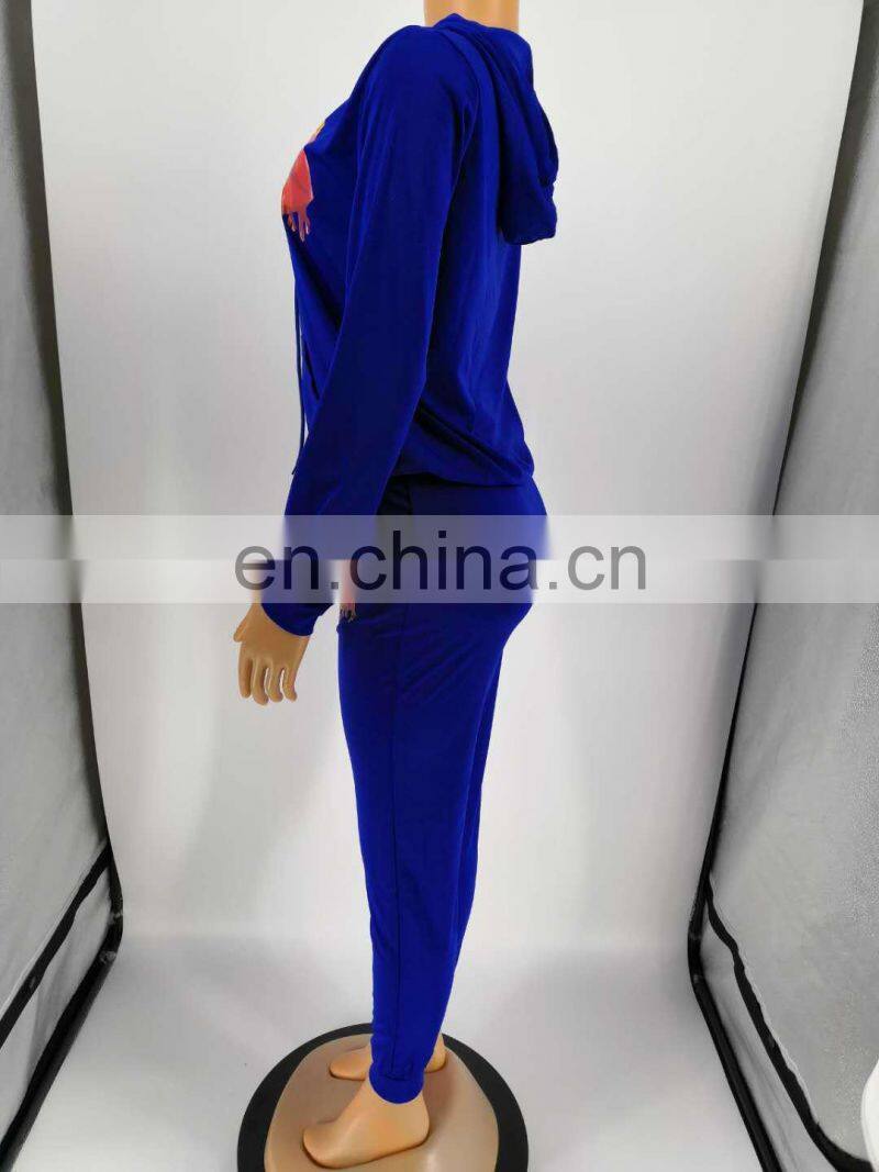 Wholesale custom ladies suit printed hooded long sleeve sweater casual suit Sports long hooded printed suit Casual style