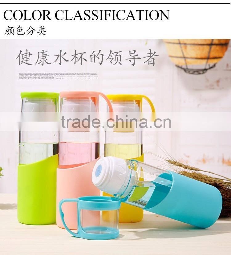Glass water bottle with handle cap glass water bottle with silicone sleeve