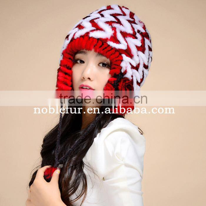 excellent quality colorful rabbit fur thread earflap hat with long string flower ball