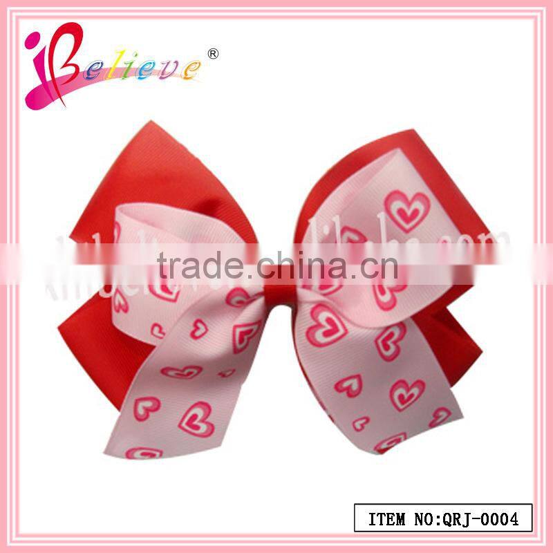 New arrival latest design wholesale red ribbon bow fashion hair clip with heart for girls (QRJ-0008)