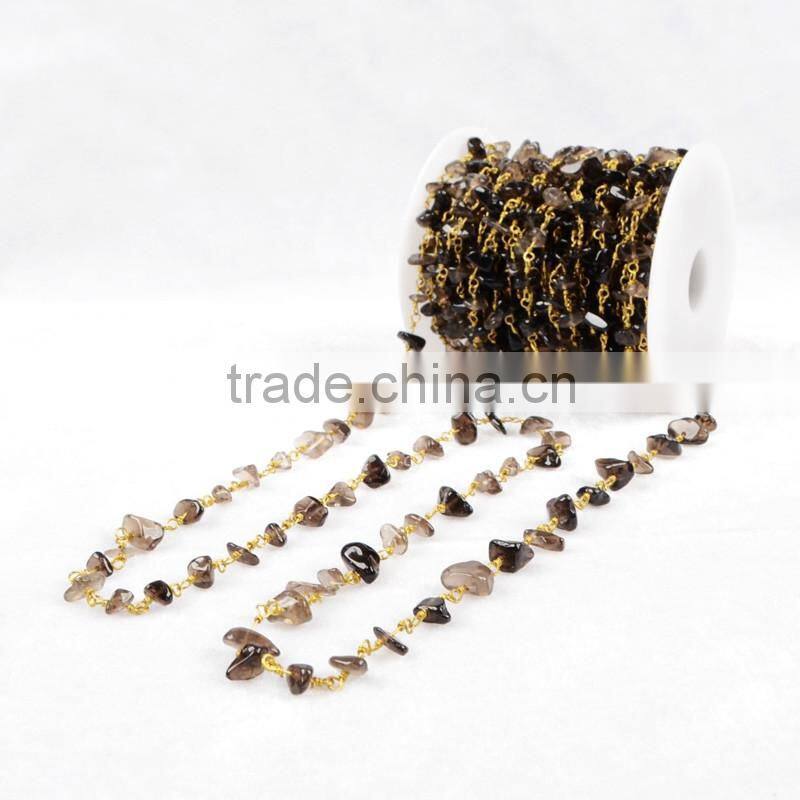 2016 wire wrapped gemstone beaded rosary chain wholesale smoky quartz beaded chain for necklace design