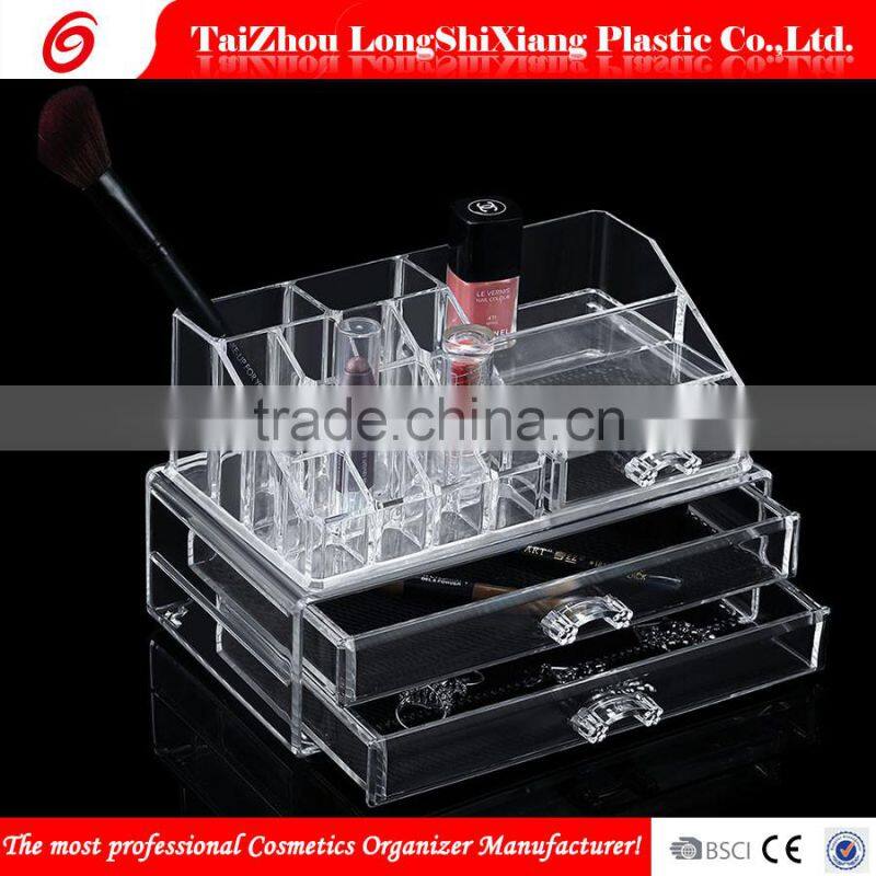 2016 longshixiang Newest fahional PS wholesale makeup organizer transparent two drawers jewel case