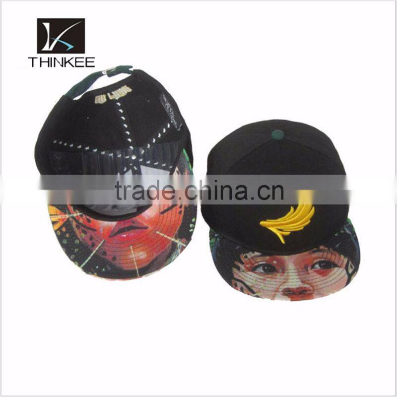 fashion custom 3d embroidery logo 5 panel snapback cap/hat with digital printed brim
