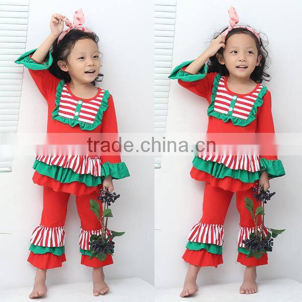 Lovely Girl Boutique Stripe Long Sleeve Baby Ruffle Top and Pant Outfits Wholesale Children Clothing Set 2016