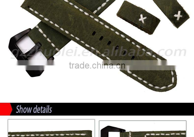 2015 New Style 22|24|26mm 100% handstitch Black Red Grey Armyeather watch strap wholesale 3pcs