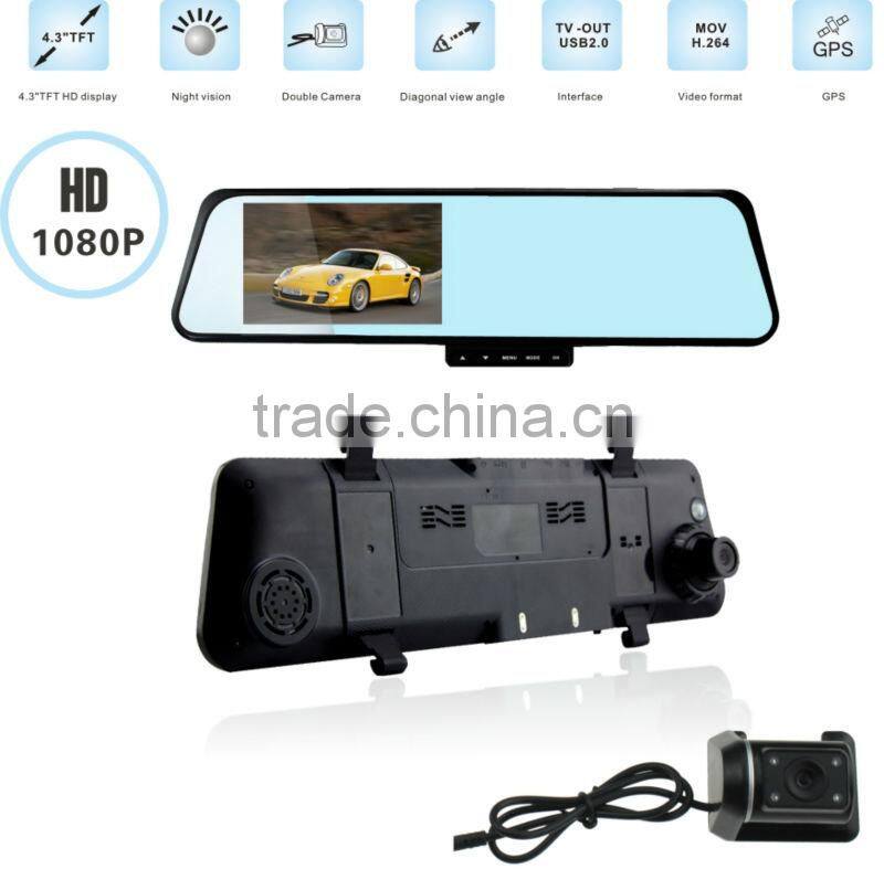 Newest Arrival 2 MP Dual Lens 4.3" TFT High Resolution LCD Screen Car Mirror Recorder