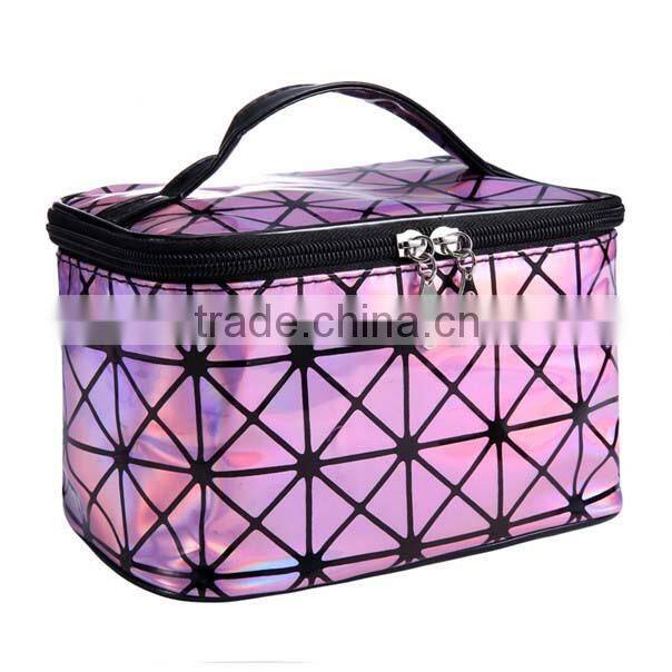 Hot sale high capacity geometric square pattern shiny pu cosmetic bag