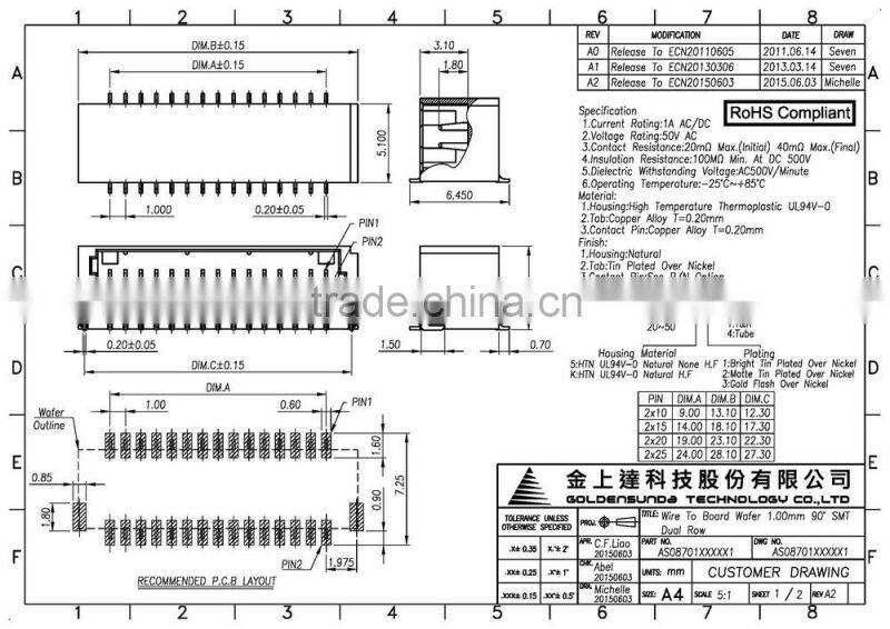 1mm pitch Wire to Board SMD 20 30 40 50 pin Connector