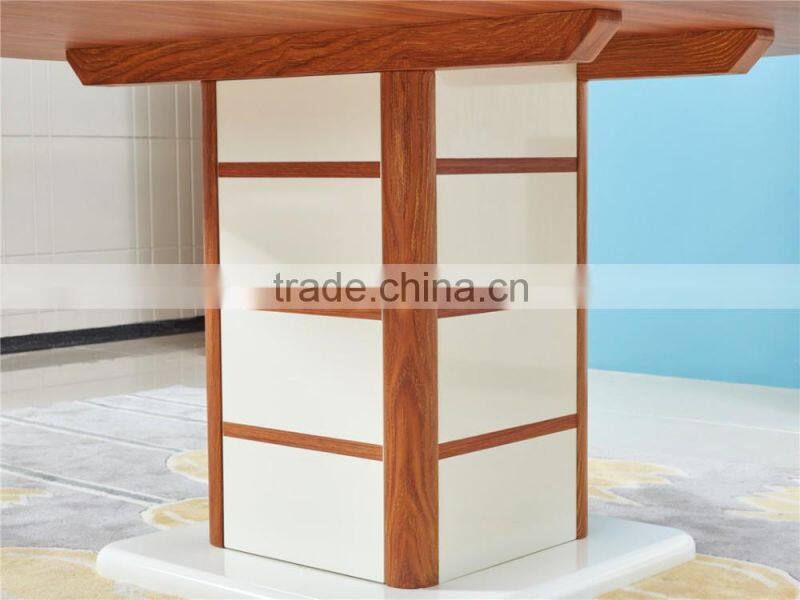 Modern wooden high glossy white and teak color round functional dining table and dining chair in dining room sets