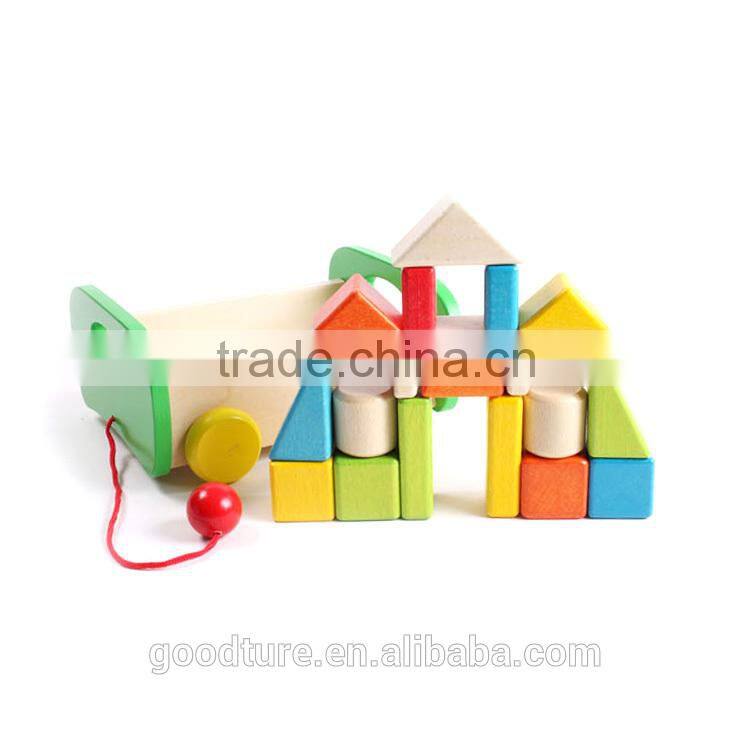 17pcs Beechwood Building Block Pulling Cart Wooden Block Cart