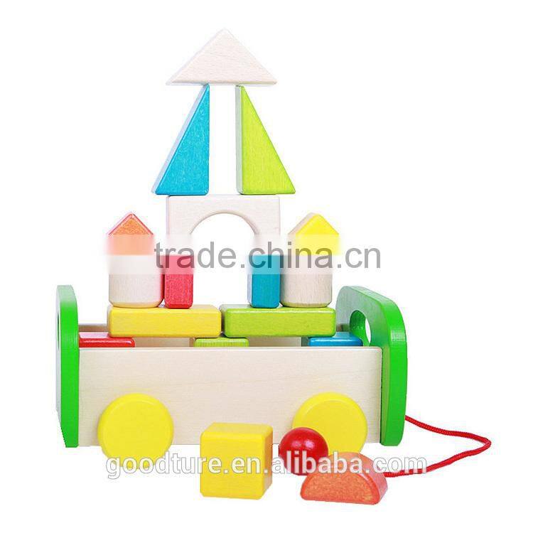 17pcs Beechwood Building Block Pulling Cart Wooden Block Cart