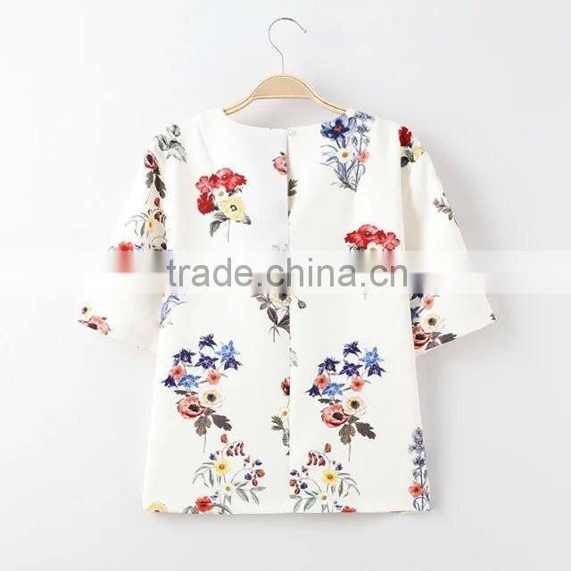 women clothing with flower round collar short sleeve shirt for women of digital printing fabric