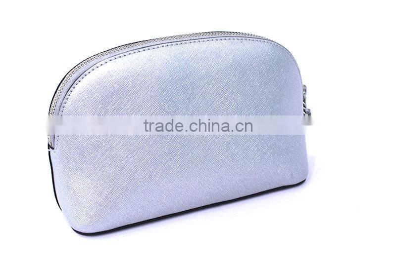 Kind workmanship Genuine leather silver makeup bag metal zipper closure