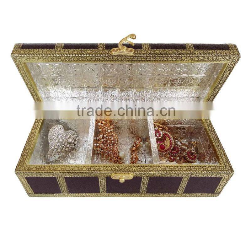 TREASURE CHEST, ARTIFICIAL LEATHER FINISH, WOODEN HANDMADE MULTI-PURPOSE BOX (11"x5"x4.25" INCH) DARK BROWN