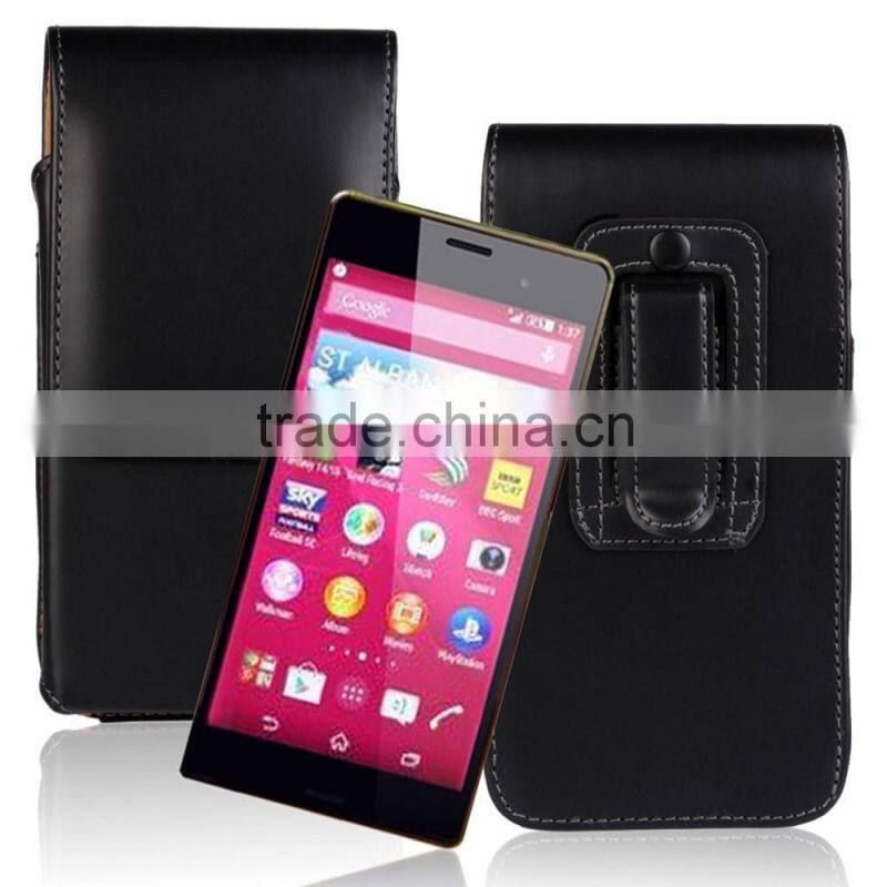 Black Vertical Leather Holster Pouch for Sony Xperia Z4 with Belt Clip--Glossy Skin or Lychee Skin