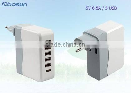 New, Hot, Multifunctional Type C, QC2.0, IQ chip 5 Port USB Charger, 5V 10A CE, UL, FCC approved