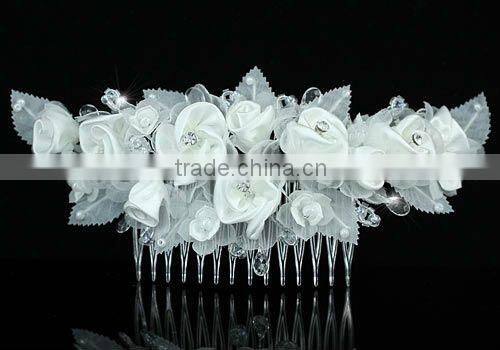 Bridal Handmade White Rose Fabric Crystal Hair Comb CT1394