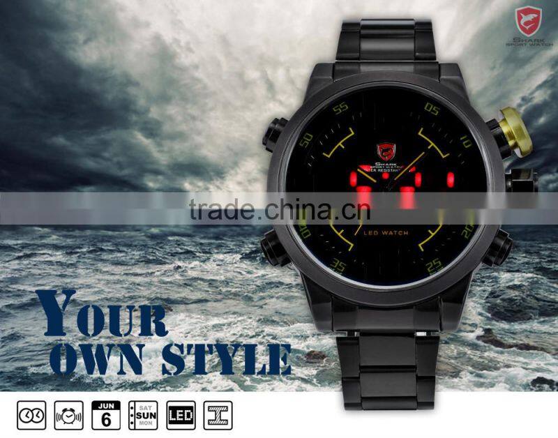 Military SHARK Analog LED Stainless Steel Sport Quartz Wrist Men Digital Watch
