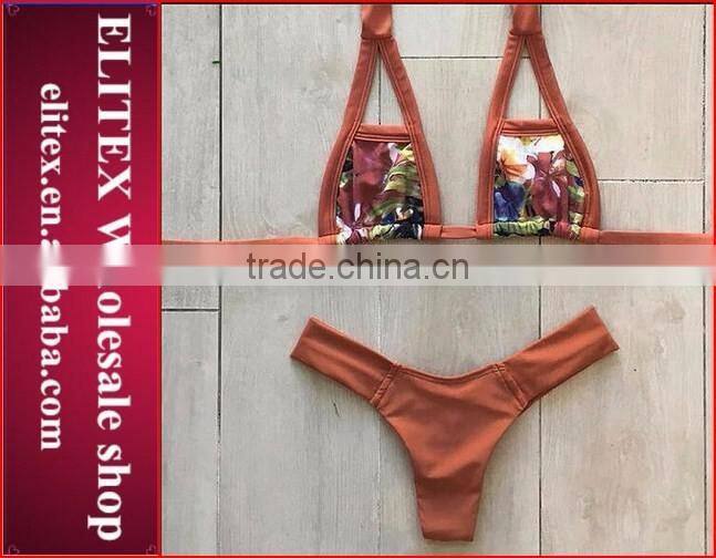 2017 Newest floral top dark orange bottom print sexy swimwear for mature women CK351
