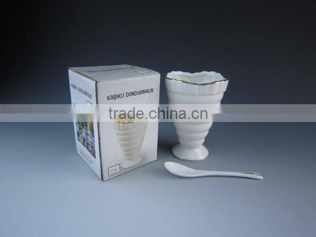 Luxury Fancy New Design Porcelain/Ceramic Type Ice Cream Cup And Spoon With Golden Rim