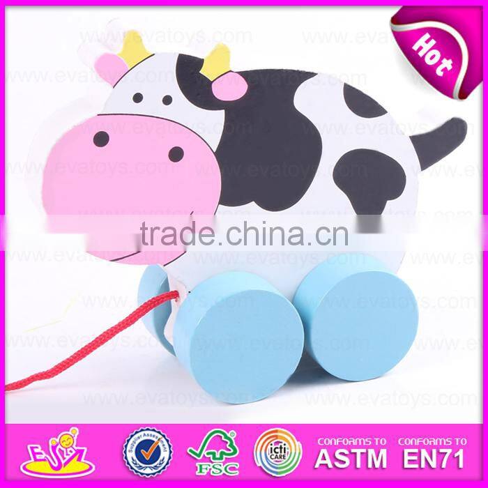 2016 hot sale Wooden Lovely Cow Pull Along Toy,popular Cute wooden cow shape toy,wholesale cheap kid wooden animal toy W05B067