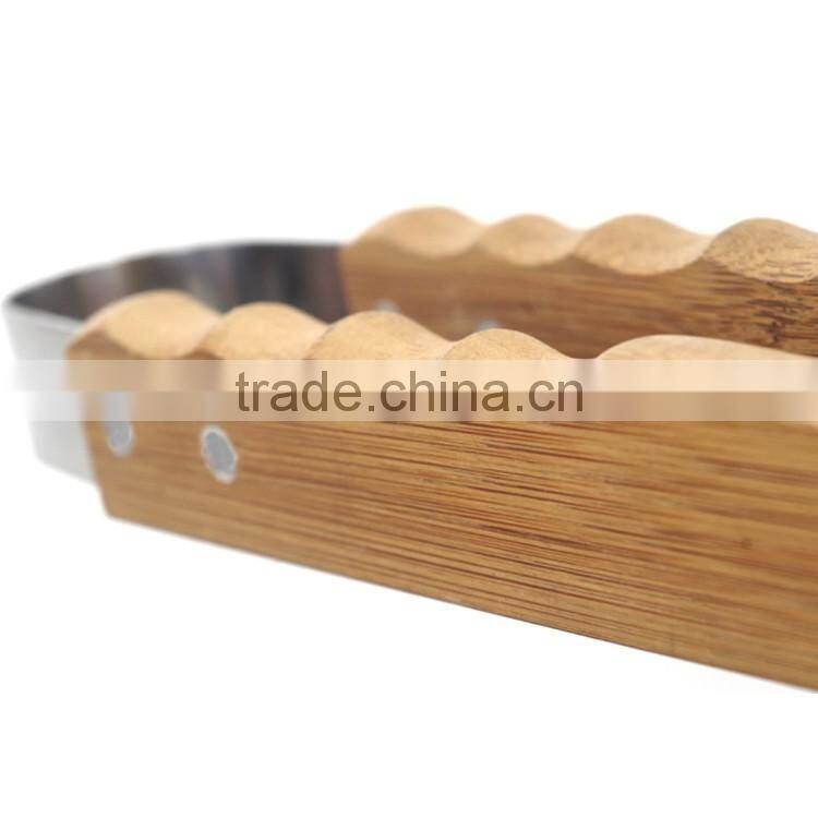 Daily useful cheap kitchen stainless steel bbq food tong with bamboo handle