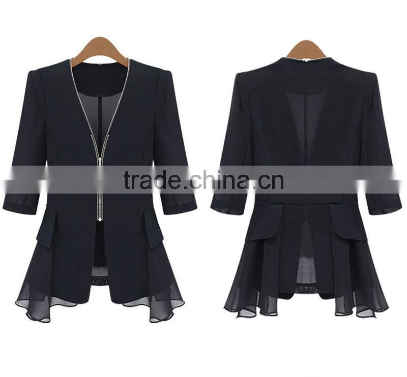 lady clothing garment manufacturer slim fit ruffle hem chiffon front zipper women autumn jacket 2015