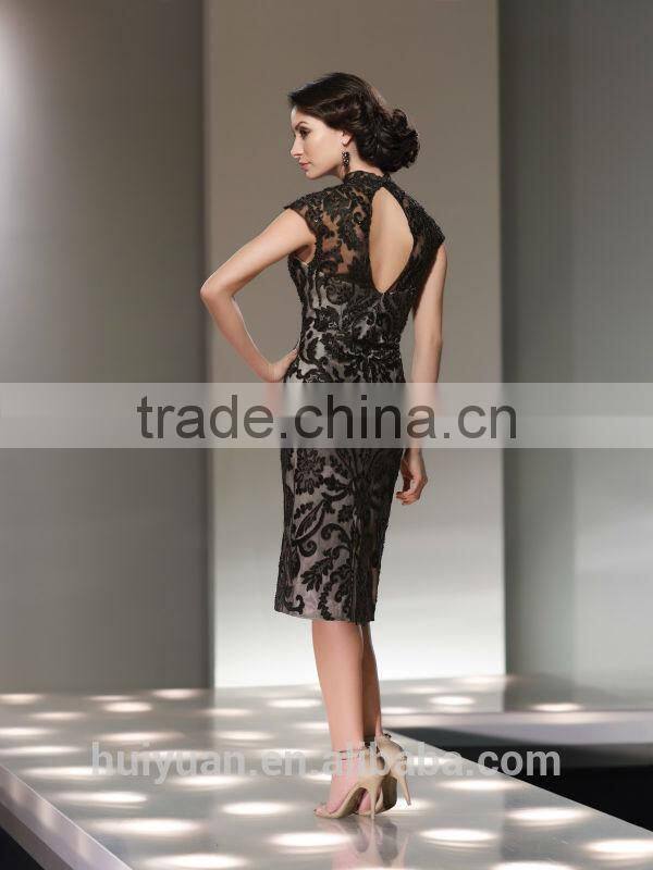 high neck black lace cap sleeve woman office evening dress
