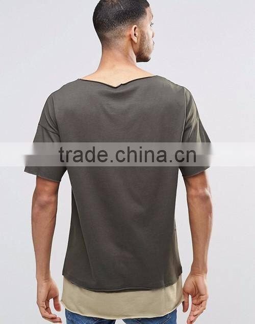 Men cheap plain boat neck longline army green t-shirt wholesale