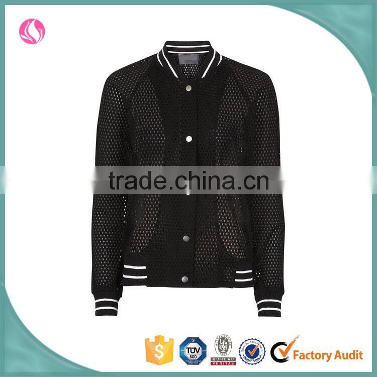 2016 ladies custom cheap black polyester mesh fabric plain varsity jacket wholesale