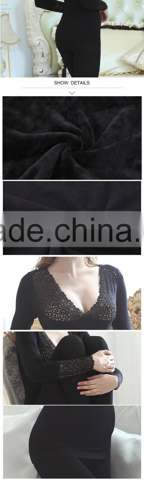 Hsz-TU005 V-neck Nylon Lace Top Ladies Winter Thick Underwear Wholesale Female Thermal Underwear