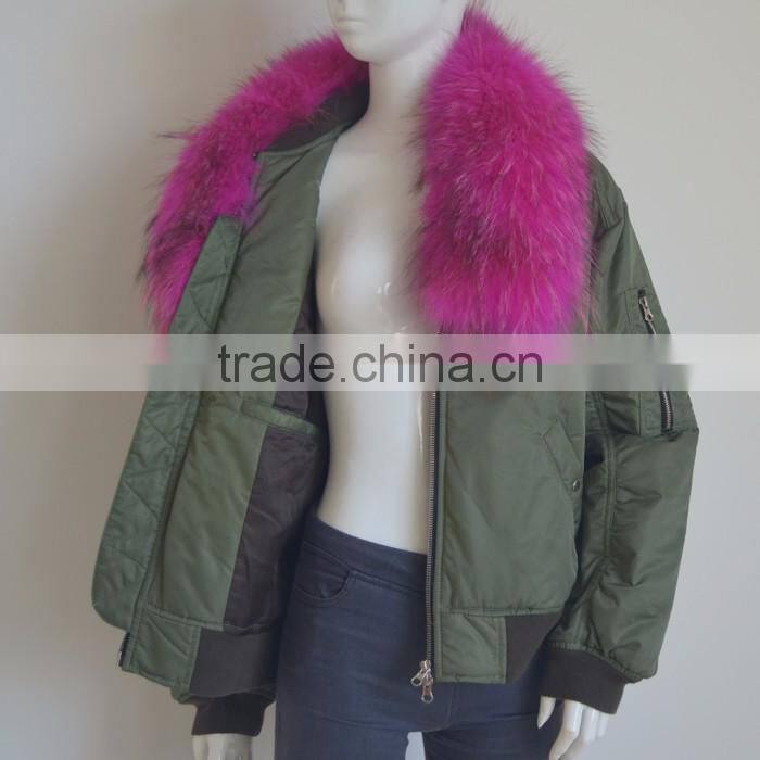 Myfur Customized Polyester MA1 Bomber Jacket with Detachable Dyed Raccoon Fur Collar for Women