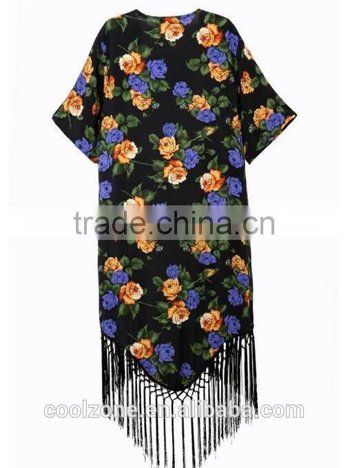 Latest floral print cover up summer beach kimono with gorgeous fringe