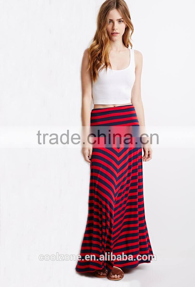 2015 Fold-over waist stripe print skirts fashion long maxi skirt